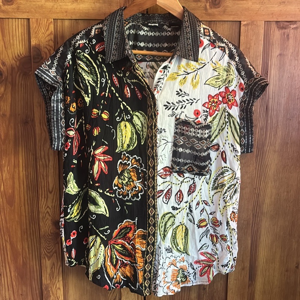 Desigual Floral Patchwork Button-Down Shirt in Black, White, Green, Red, Yellow